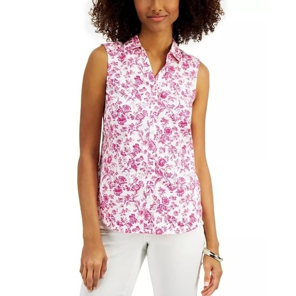Charter Club Toile-Print Sleeveless Shirt Preppy Pink Combo 10 - Picture 1 of 2
